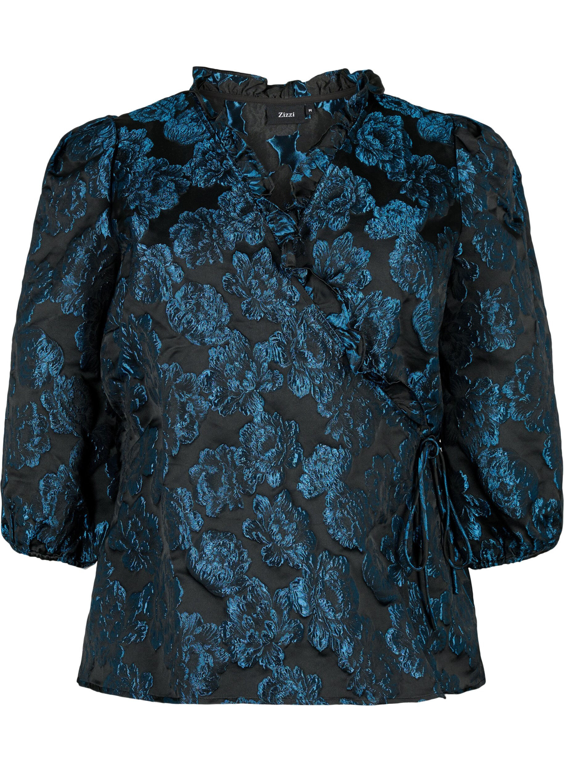 Zizzi Jacquard-Wickelbluse mit 3/4-&Auml;rmeln, Black Blue, Packshot image number 0