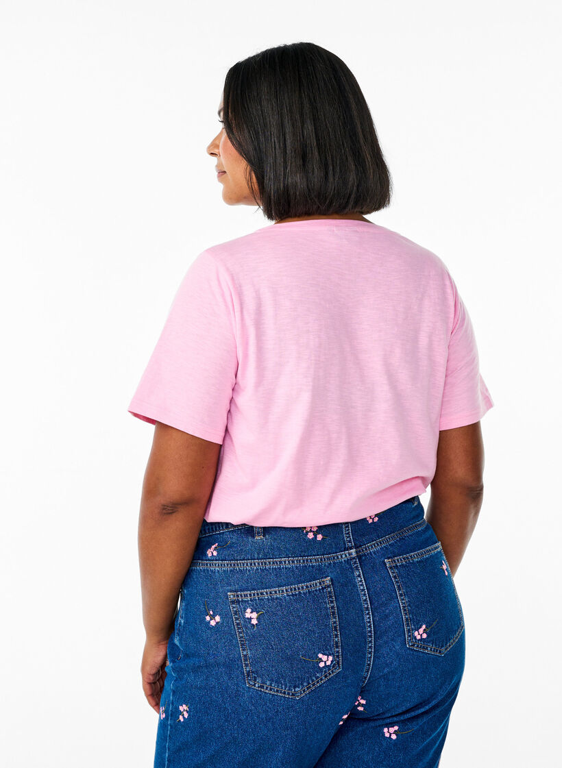 Kurzärmliges Basic-T-Shirt mit V-Ausschnitt, Pink, Model image number 2