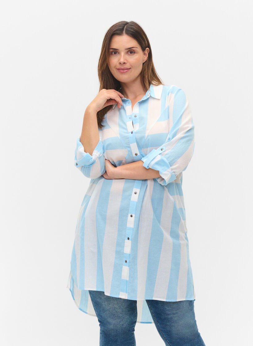 gestreiftes Baumwollhemd mit 3/4 Ärmeln, Blue Bell Stripe, Model image number 0
