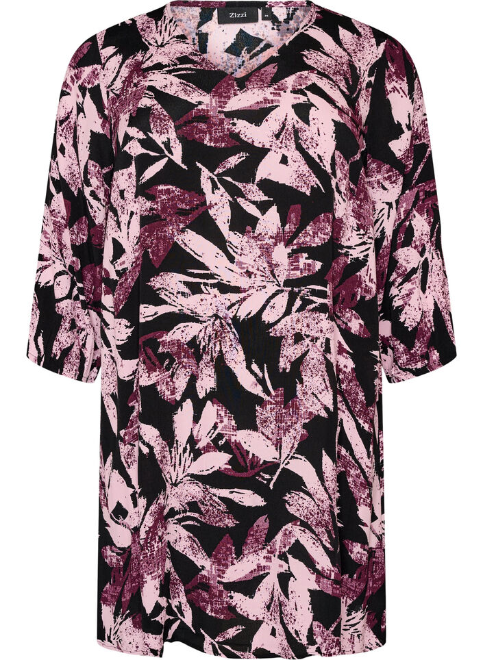Kurzes gebl&uuml;mtes Kleid aus Viskose mit 3/4-&Auml;rmeln, Schwarz, Packshot image number 0