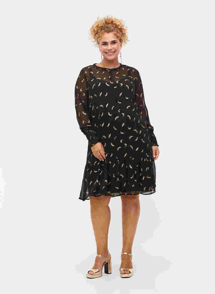 Kleid mit A-Form und Smok, Black, Model image number 2