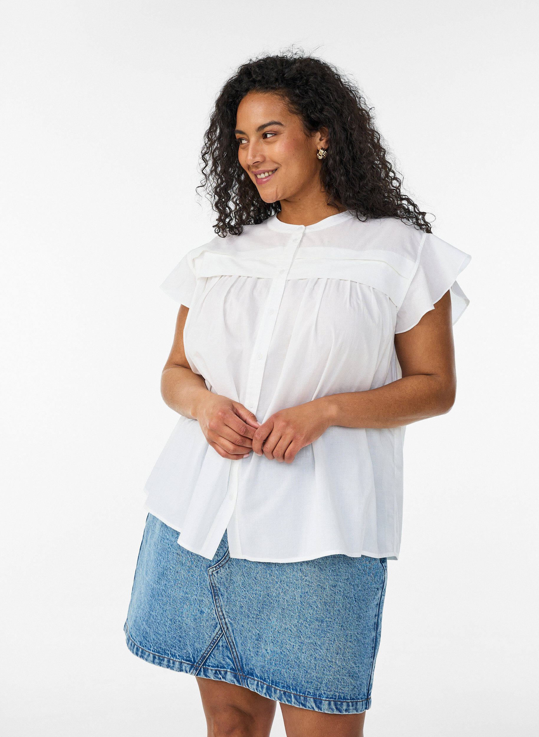 Zizzi&Auml;rmellose Hemdbluse in A-Linie aus Baumwolle, Wei&szlig;, Model image number 0