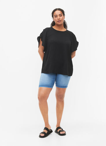 Kurzärmelige Bluse mit Falten, Black, Model image number 3