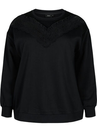 Sweatshirt mit Rüschen und Häkeldetail, Black, Packshot image number 0
