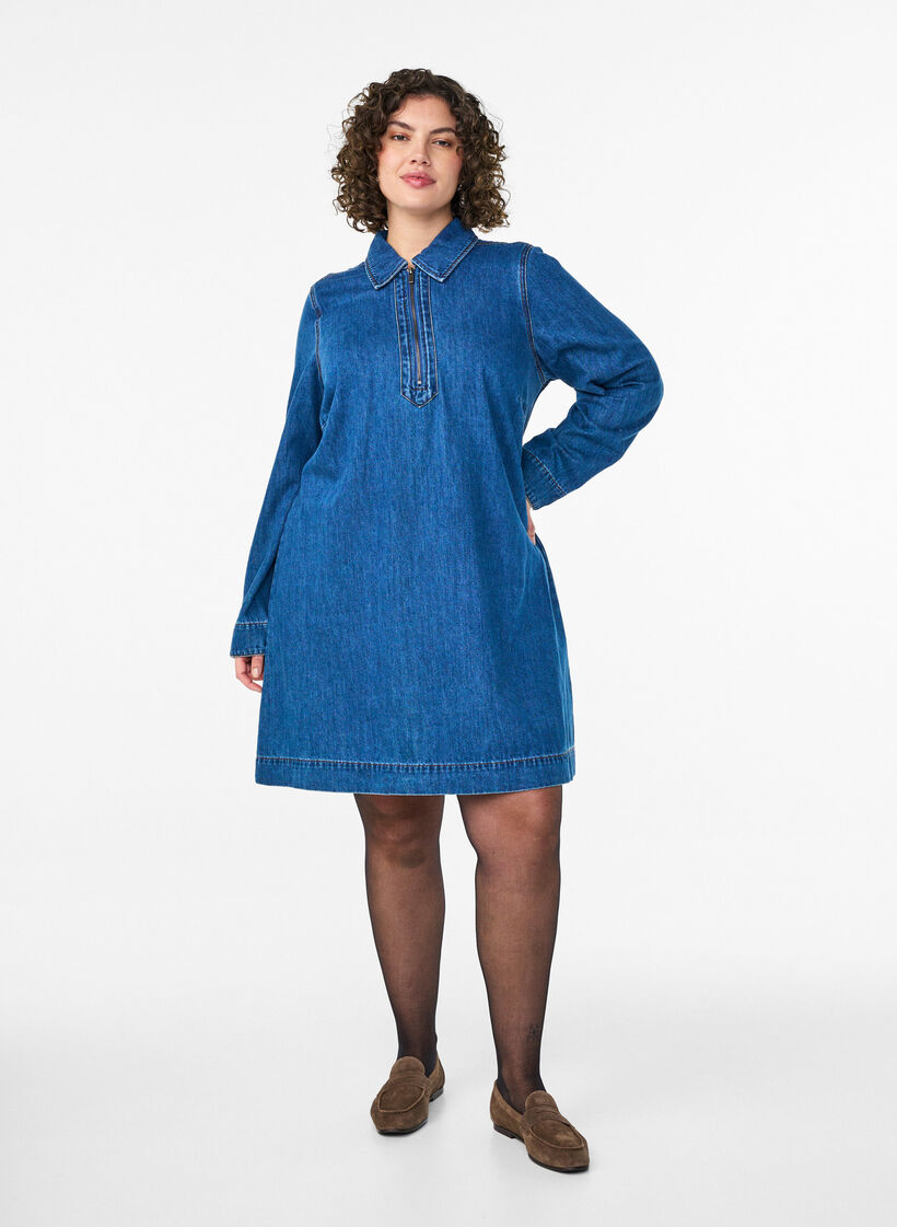 Kurzes Jeanskleid mit Reißverschluss und Kragen, Blau, Model image number 1