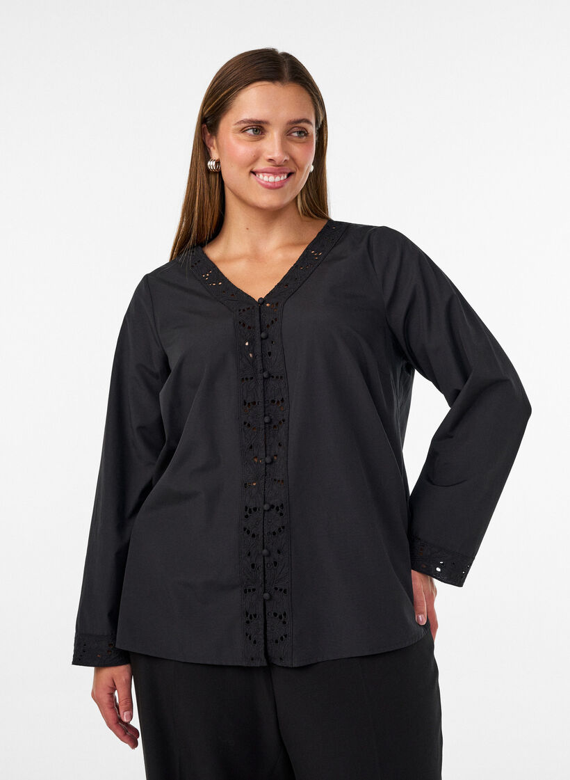 Hemdbluse mit Lochstickerei, Schwarz, Model image number 0