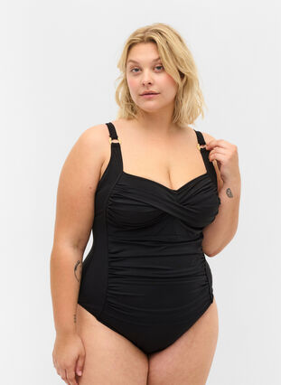 Wattierter Badeanzug mit Drapierungen, Black, Model image number 0