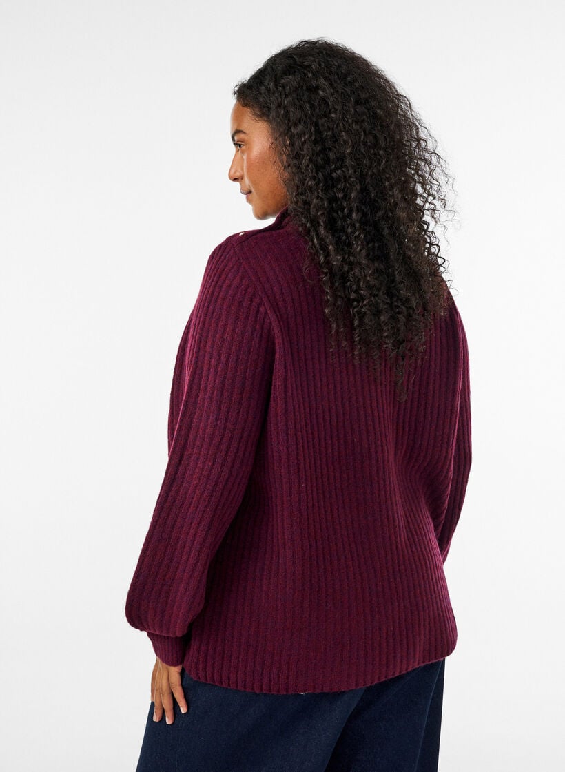 Pullover aus Rippstrick mit Puff&auml;rmeln und Kn&ouml;pfen, Dunkles Bordeaux, Model image number 2