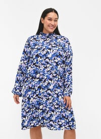 FLASH – Langärmeliges Kleid mit Blumendruck, Blue Purple Flower, Model