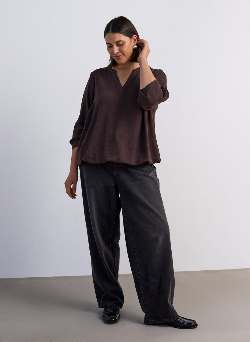 Bluse in Ballon-Silhouette mit V-Ausschnitt, Braun, Model image number 1