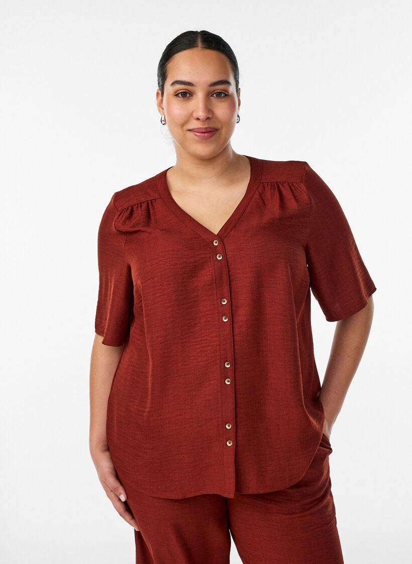 Hemdbluse mit V-Ausschnitt und kurzen &Auml;rmeln, Rot, Model image number 0