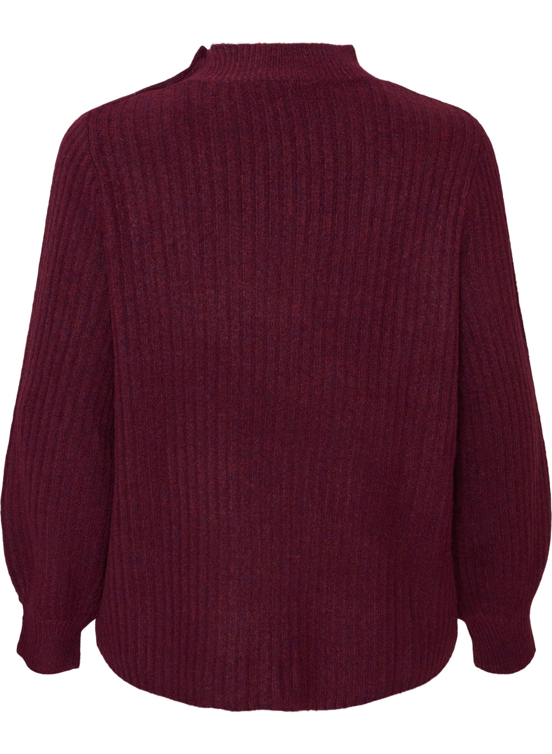 ZizziPullover aus Rippstrick mit Puff&auml;rmeln und Kn&ouml;pfen, Dunkles Bordeaux, Packshot image number 1