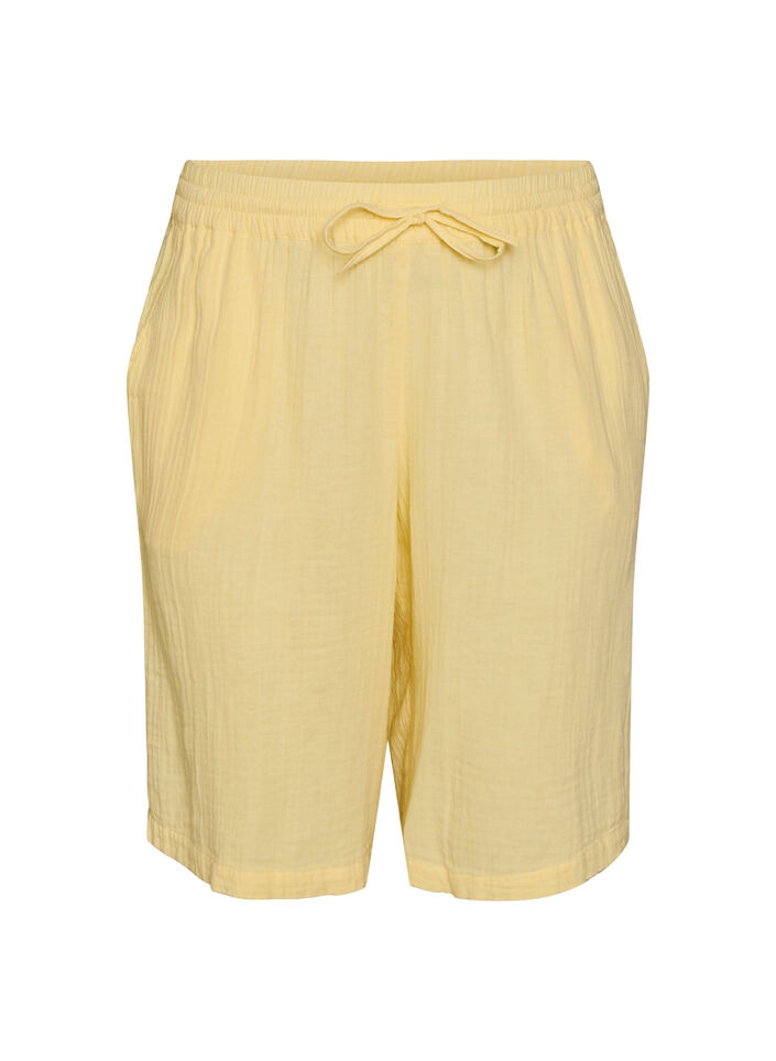 Lockere Shorts aus Baumwollmusselin mit hoher Taille, Gelb, Packshot image number 0
