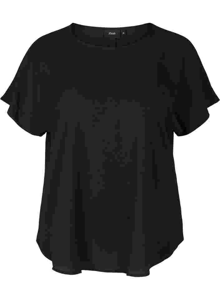 Bluse mit kurzen Ärmeln und Rundhalsausschnitt, Black, Packshot image number 0