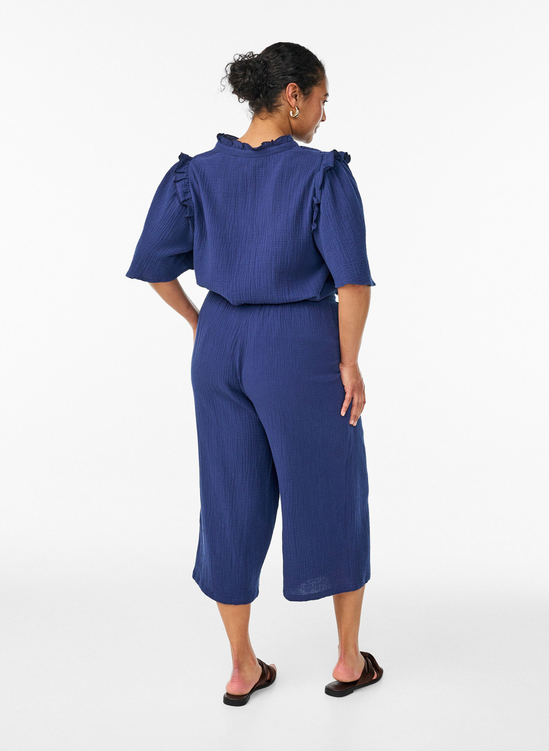 Zizzi Culotte-Hose aus Baumwollmusselin mit hohem Bund, Blau, Model image number 1