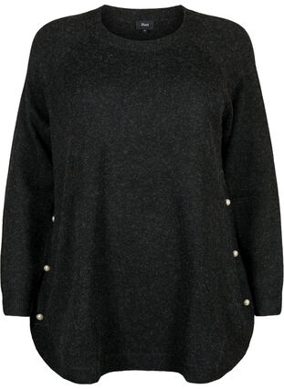 Gestrickter Melange-Pullover mit Perlenknöpfen an den Seiten	, Dark Grey Melange, Packshot image number 0
