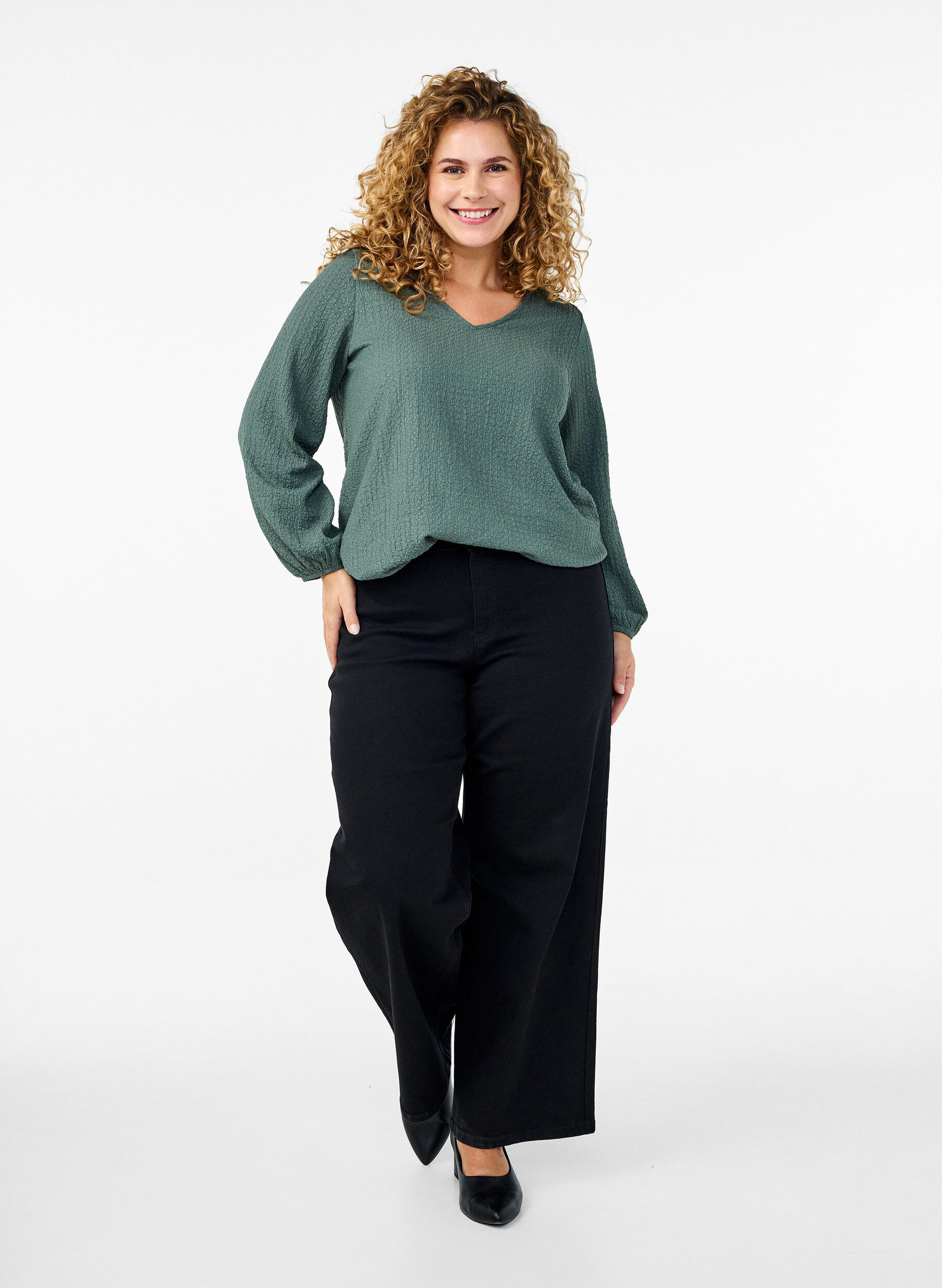 Zizzi FLASH - Bluse mit Struktur und langen &Auml;rmeln, Balsam Green, Model image number 2