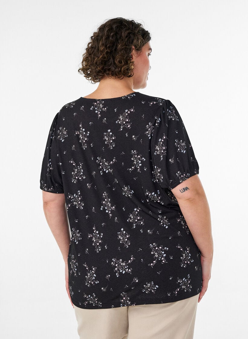 Gemusterte Bluse mit kurzen &Auml;rmeln, Schwarz, Model image number 2