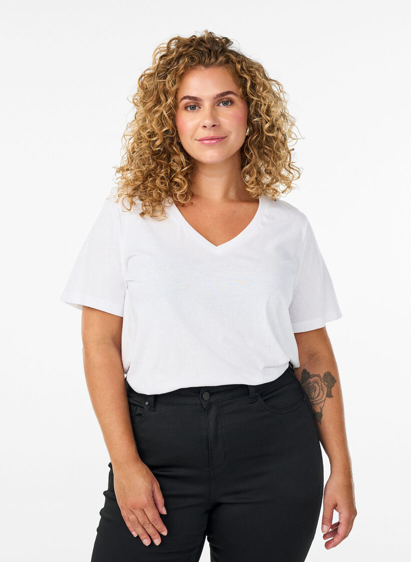 Kurzärmliges T-Shirt mit V-Ausschnitt, Weiß, Model image number 0