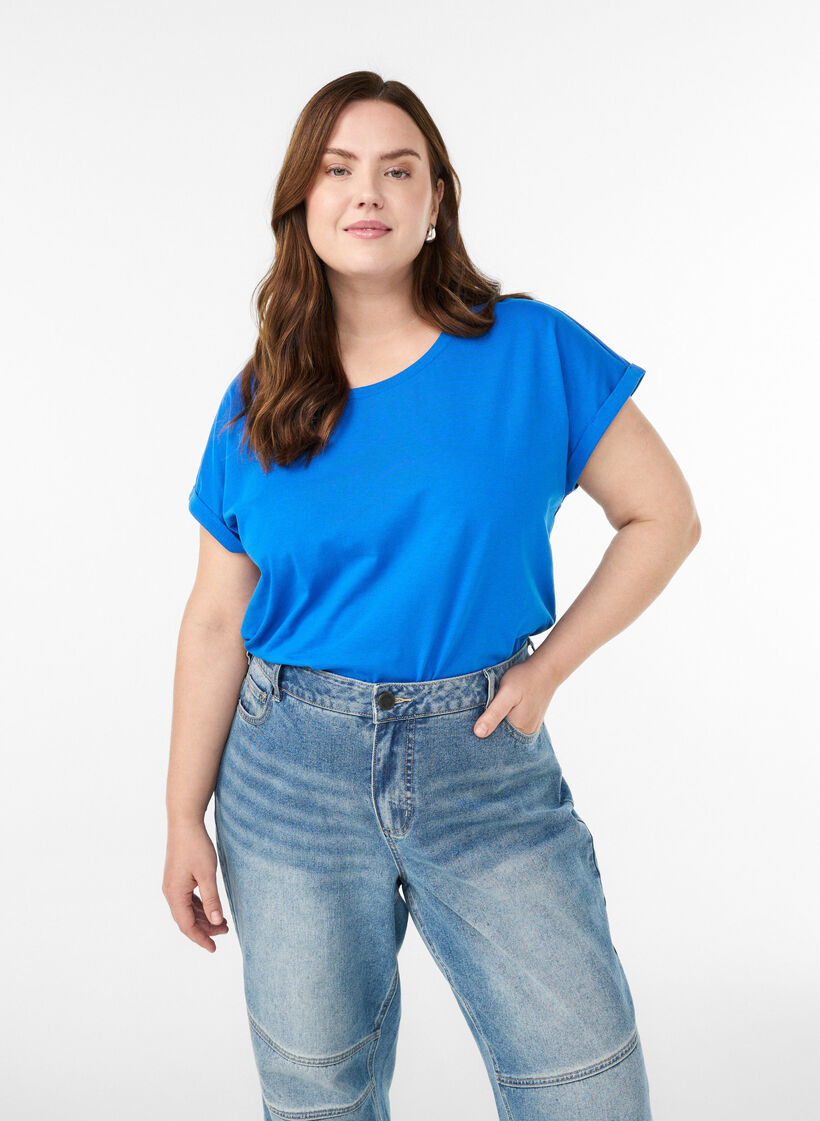T-Shirt aus Baumwollmischung mit kurzen Ärmeln, Blau, Model image number 0