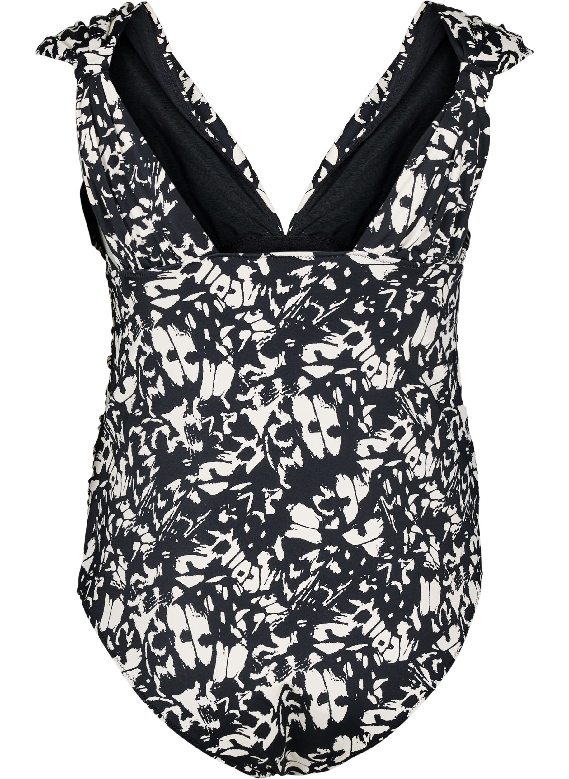 Zizzi Gemusterter Badeanzug mit tiefem V-Ausschnitt, Schwarz, Packshot image number 1