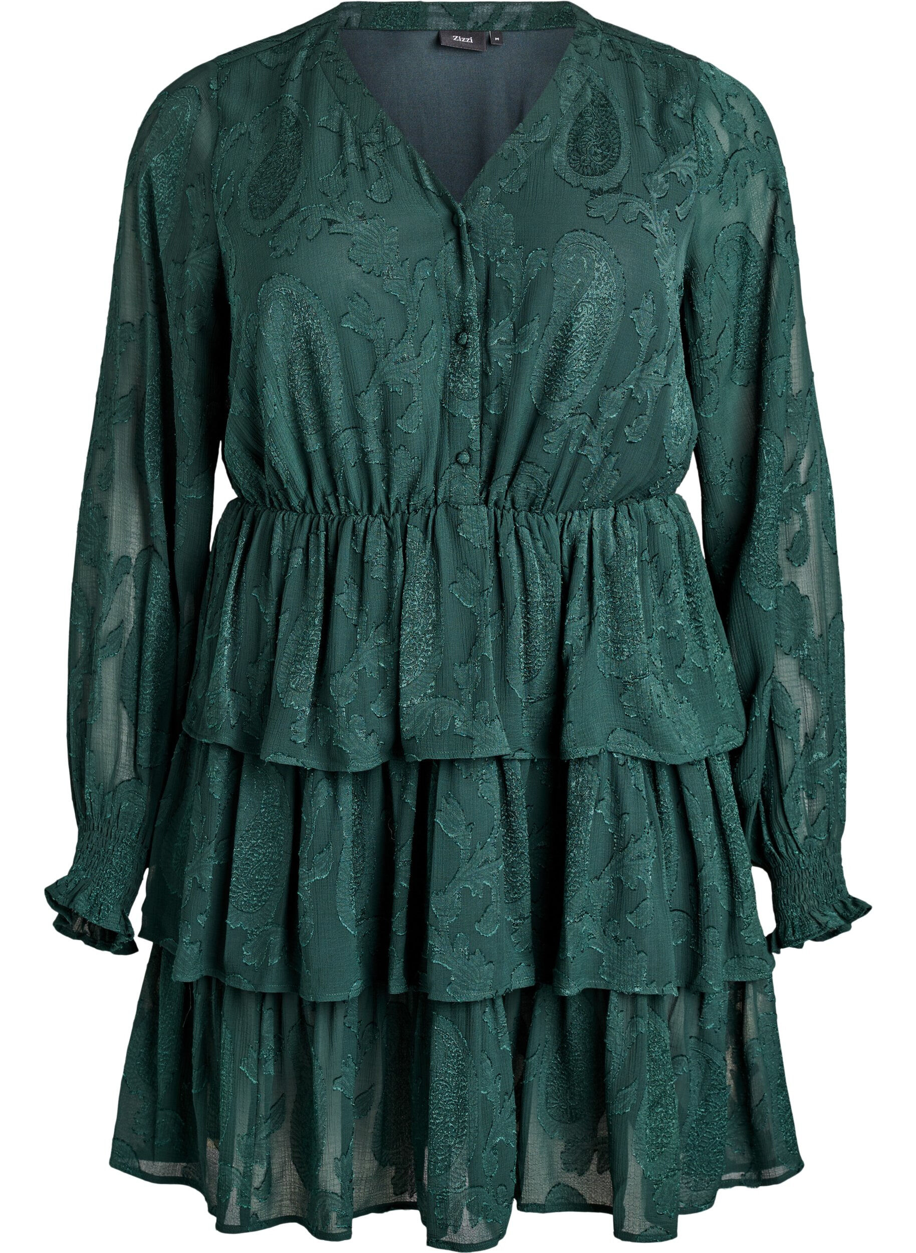 Zizzi Kurzes Kleid mit R&uuml;schen und Strukturmuster, Gr&uuml;n, Packshot image number 0