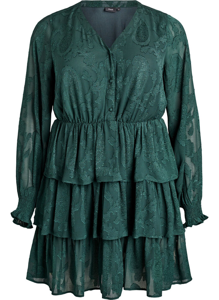 Kurzes Kleid mit Rüschen und Strukturmuster, Grün, Packshot image number 0