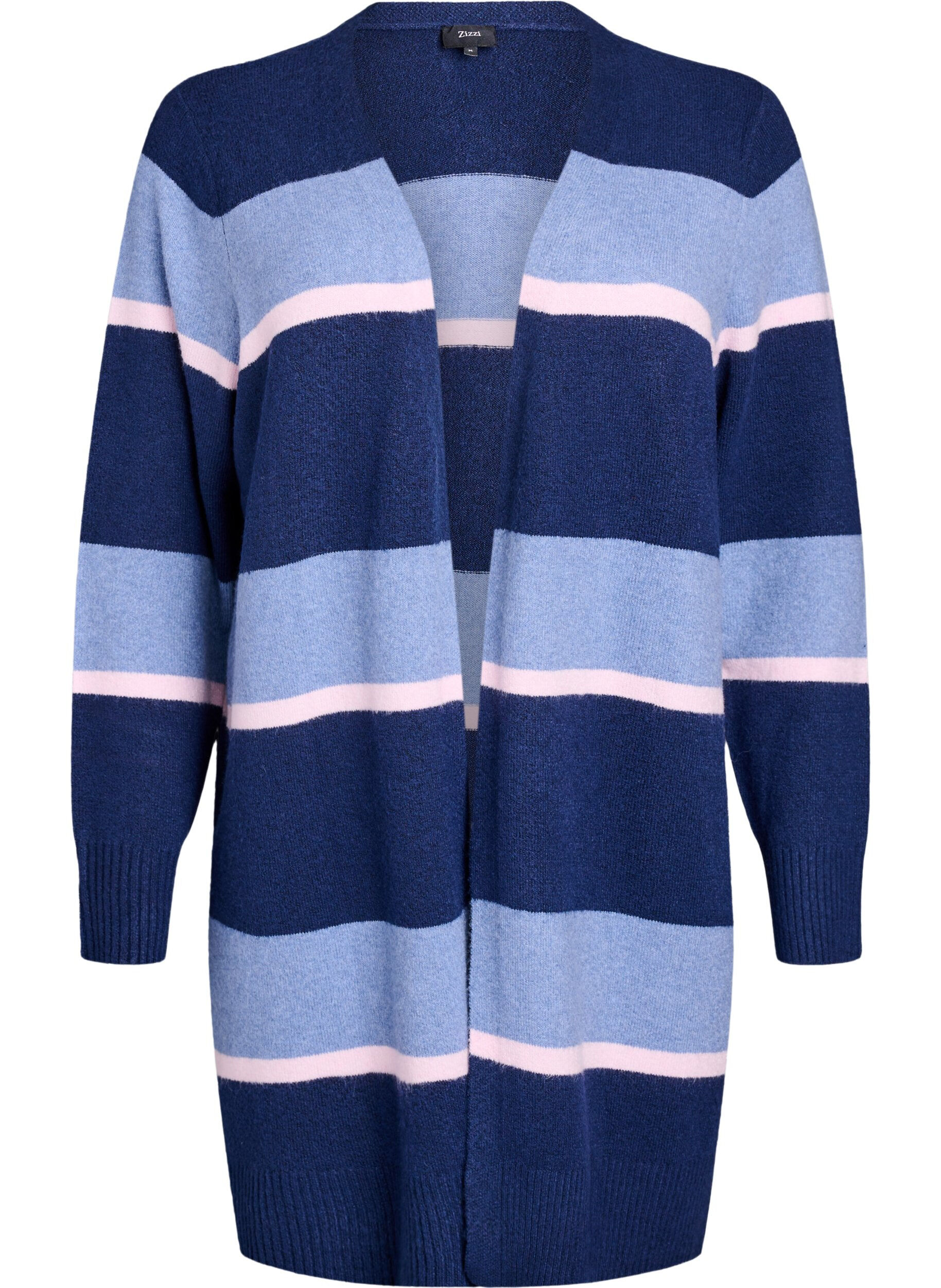 Zizzi Lange Strickjacke mit breiten Streifen, Blau, Packshot image number 0