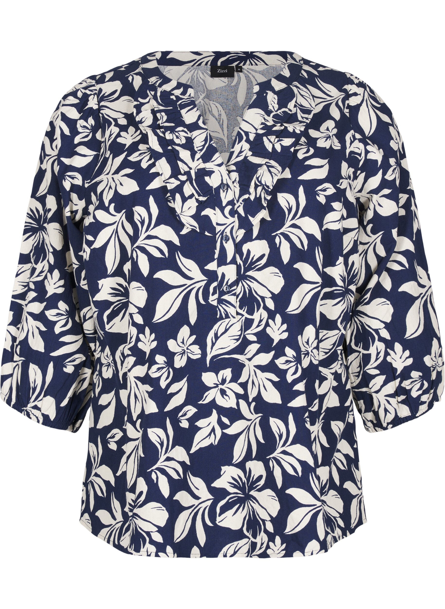 Zizzi Baumwollbluse mit 3/4-&Auml;rmeln und Print, Naval Academy Flower, Packshot image number 0