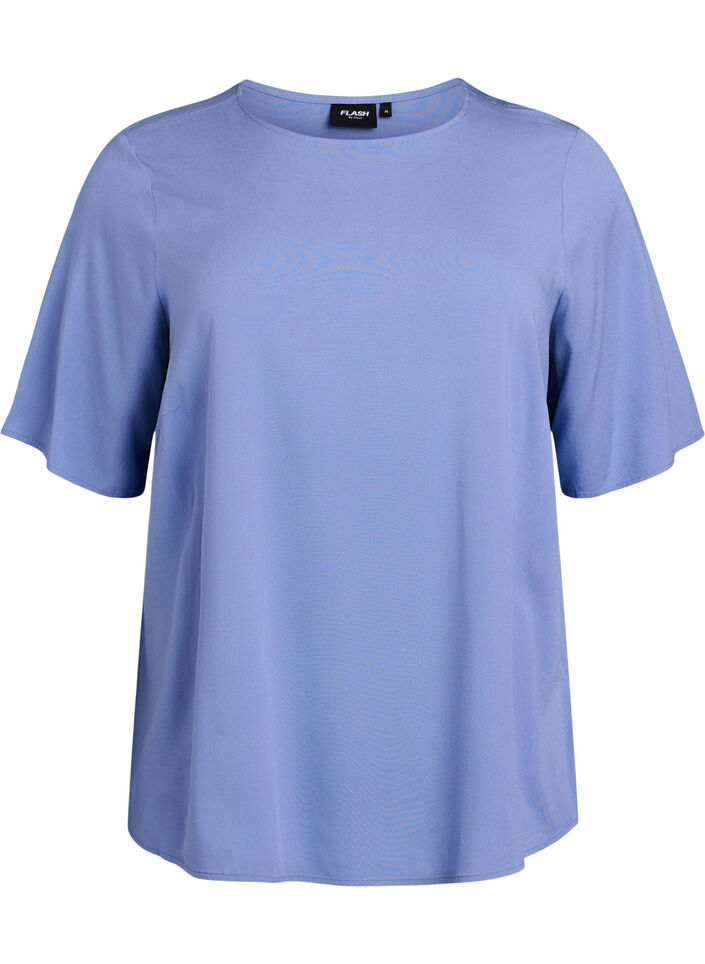 Kurz&auml;rmelige, gewebte Bluse mit Rundhals, Blau, Packshot image number 0