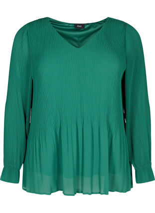 Plissee Bluse mit V-Ausschnitt, Evergreen, Packshot image number 0