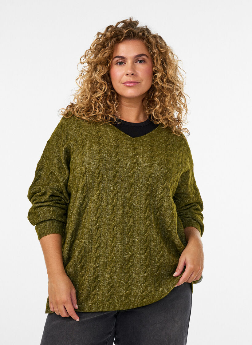 Bluse aus Strick mit Zopfmuster und V-Ausschnitt, Gr&uuml;n, Model image number 0