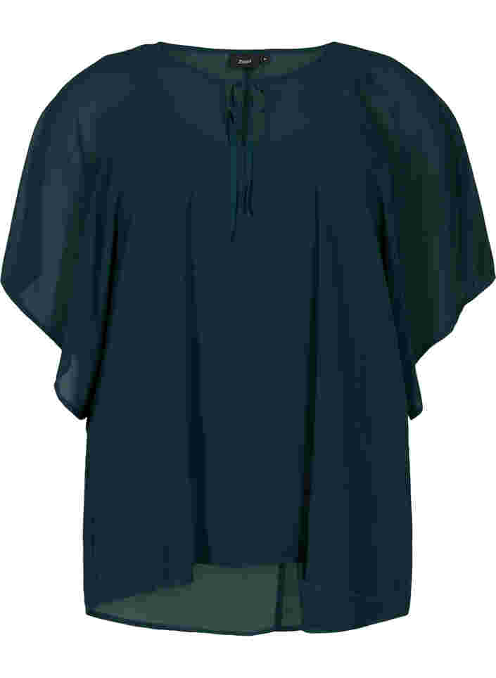 Kurzarm Bluse mit Bindebändern und Print , Scarab, Packshot image number 0