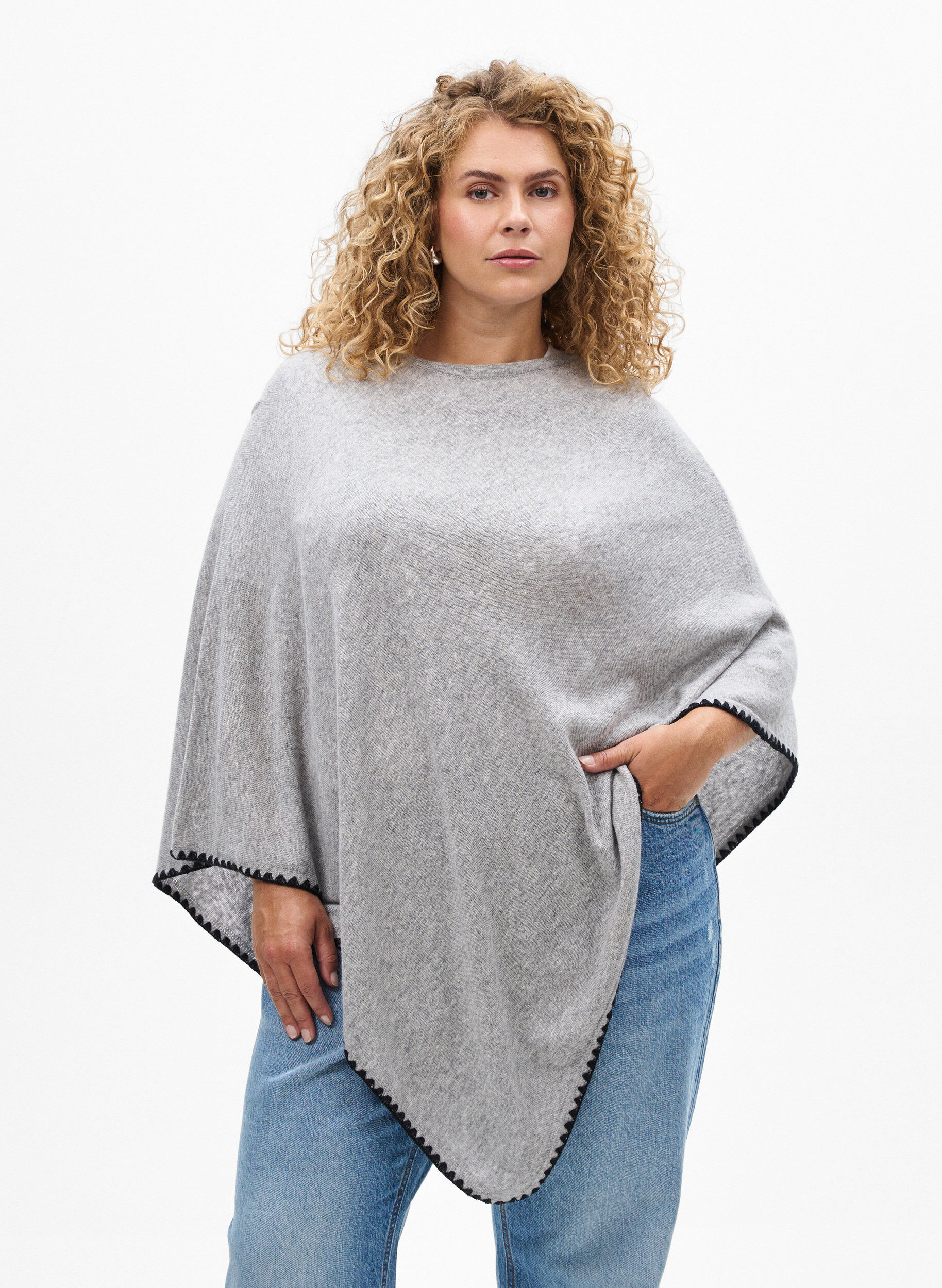 Feinstrickponcho., Grau, Model