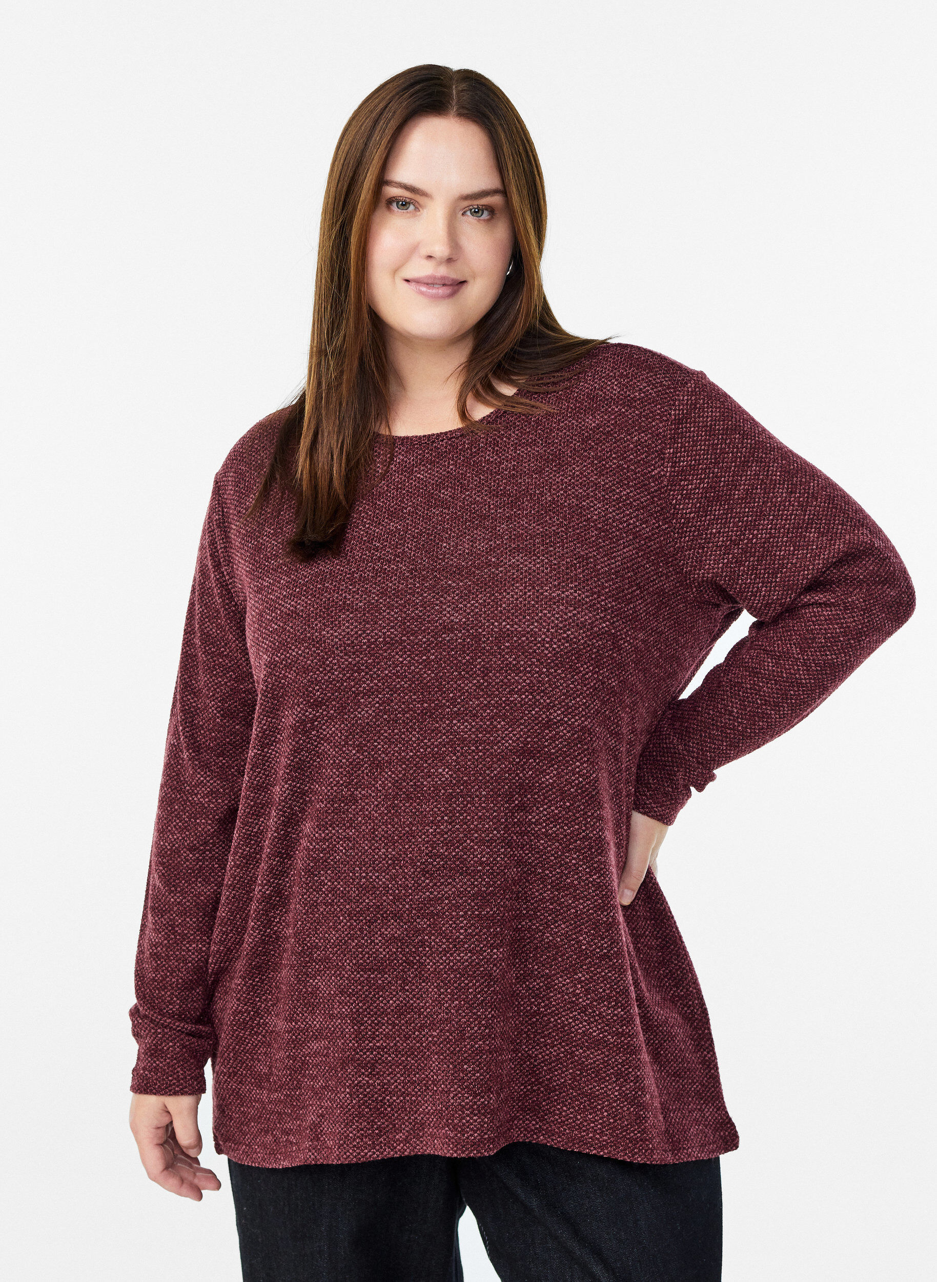 Lang&auml;rmelige Bluse mit Struktur, Dunkles Bordeaux, Model