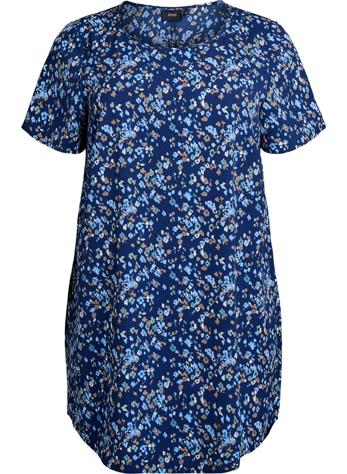 Kleid mit Aufdruck und kurzen &Auml;rmeln, Blau, Packshot image number 0