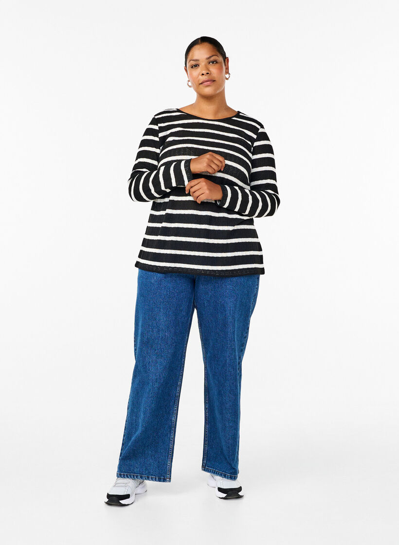 Bluse mit Streifen und langen Ärmeln, Black Sand Stripe, Model image number 2