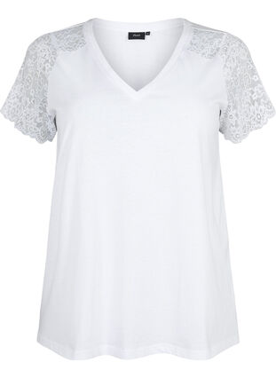 T-Shirt aus Baumwolle mit kurze Spitzenärmeln, Bright White, Packshot image number 0