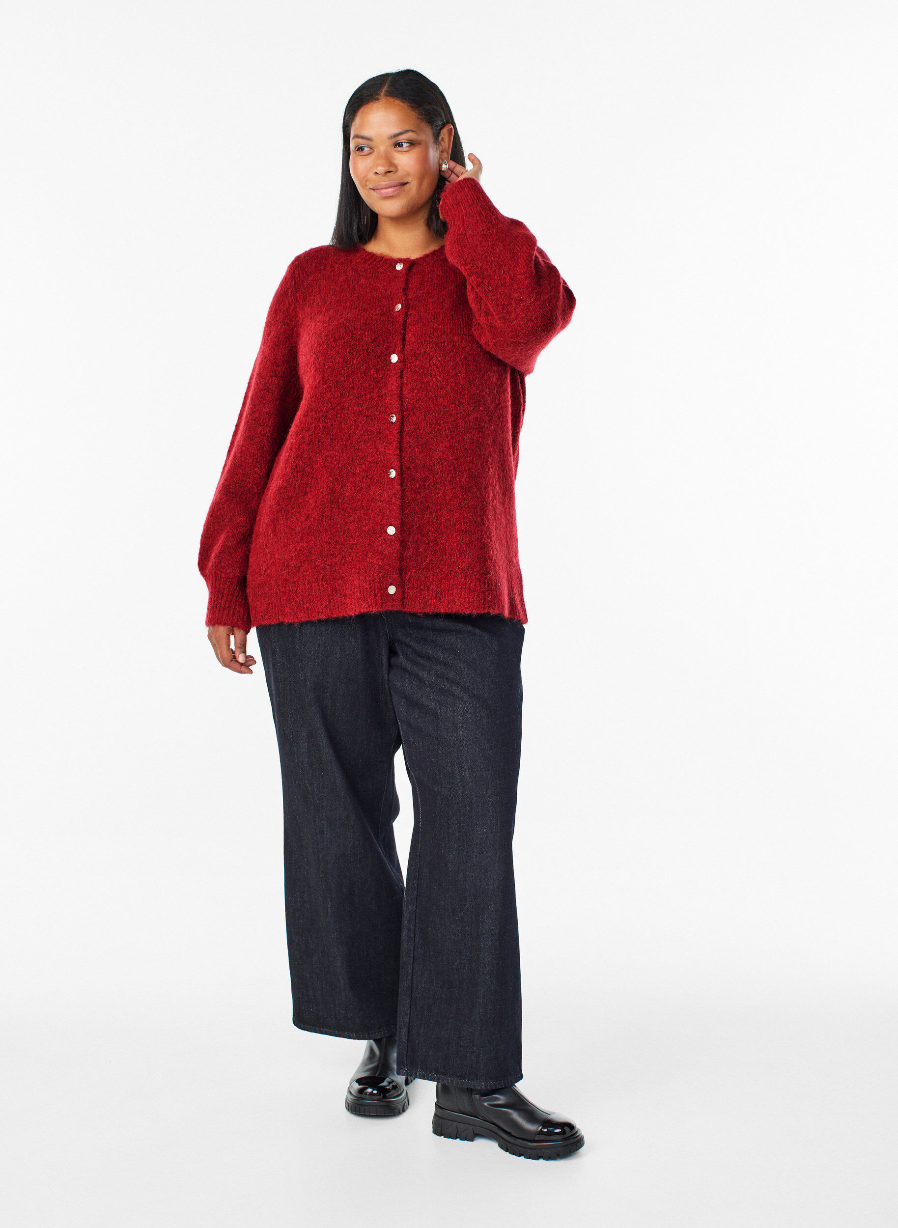 Zizzi Cardigan aus Wolle und Alpaka mit Zierkn&ouml;pfen, Rot, Model image number 1
