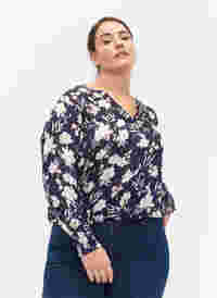 Bedruckte Bluse mit Smock und V-Ausschnitt, Blue Flower, Model