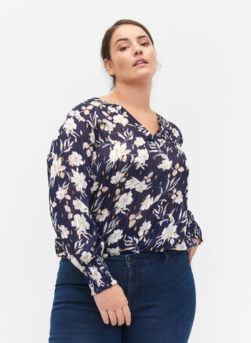 Bedruckte Bluse mit Smock und V-Ausschnitt, Blue Flower, Model image number 0