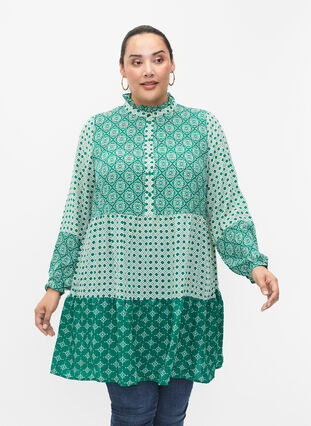 A-förmiges Kleid mit Mustern und Schnittlinien, Green AOP, Model image number 0