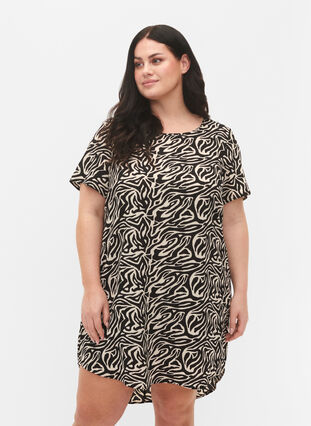 Bedrucktes Kleid mit kurzen Ärmeln, Black/White Animal, Model image number 0