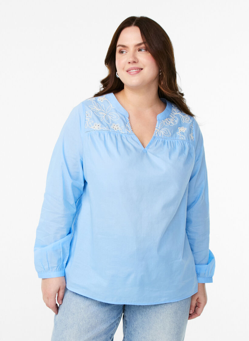 Bluse mit Stickereidetails, Blau, Model image number 0