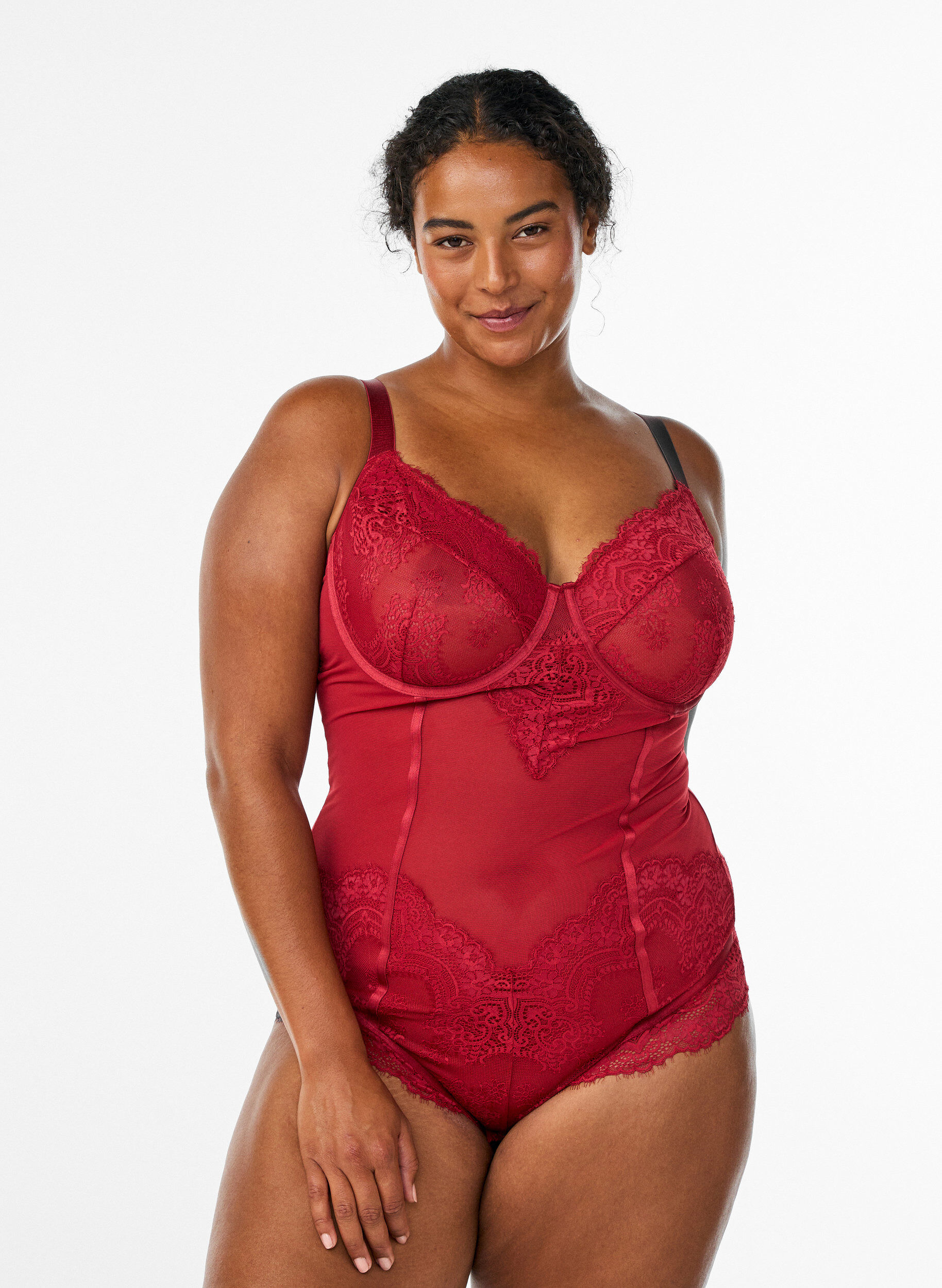Zizzi Body aus Mesh mit Spitze und B&uuml;gel, Rot, Model image number 0