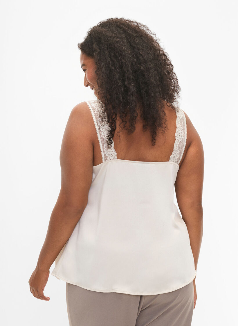 FLASH – Top mit V-Ausschnitt und Spitzenkante, Fog, Model image number 1