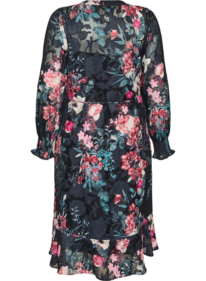 Gebl&uuml;mtes Midikleid mit Webstruktur und Bindeg&uuml;rtel, Schwarz, Packshot image number 1
