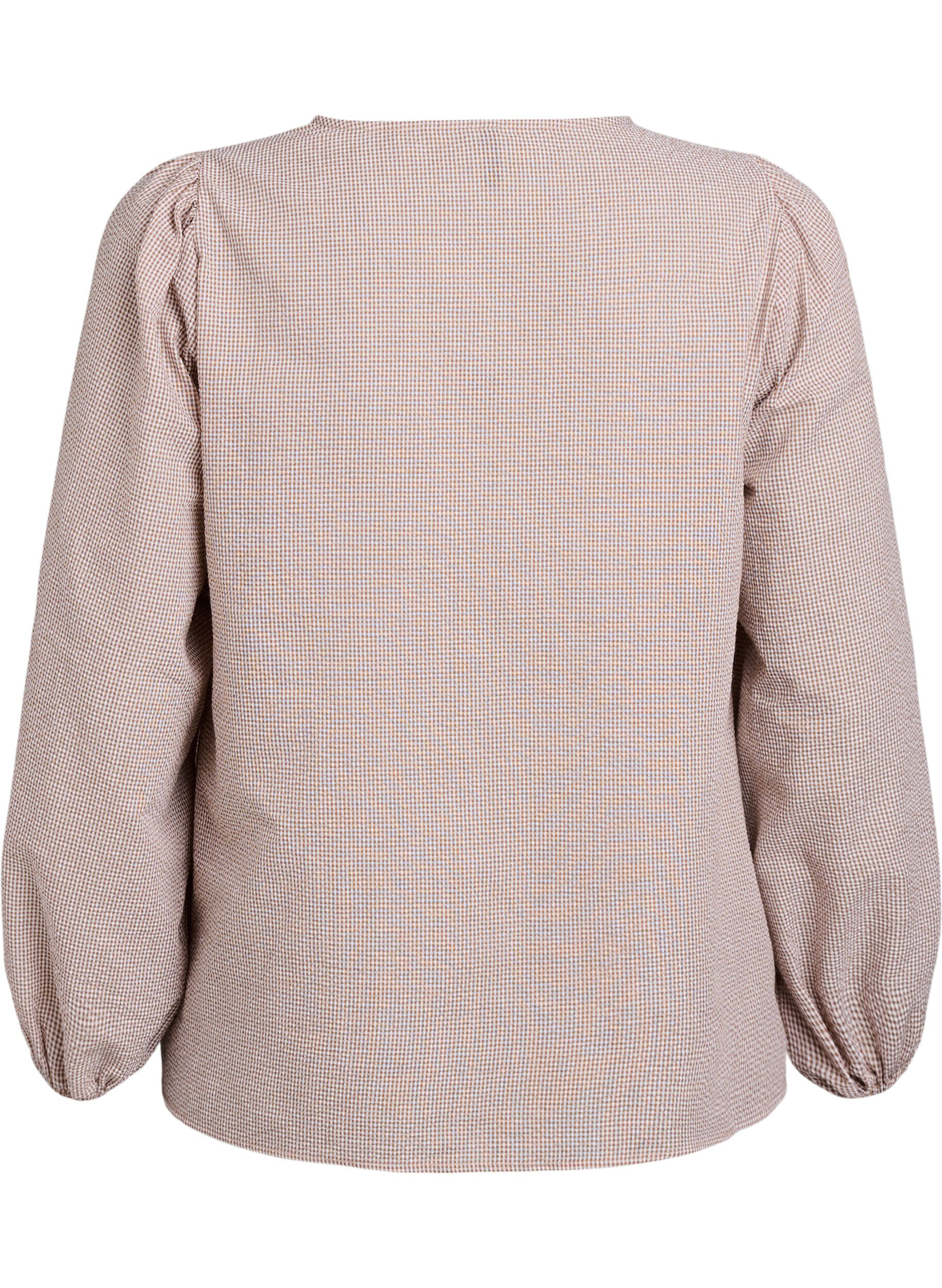 Zizzi Bluse mit V-Ausschnitt und kleinen Karos, Beige, Packshot image number 1
