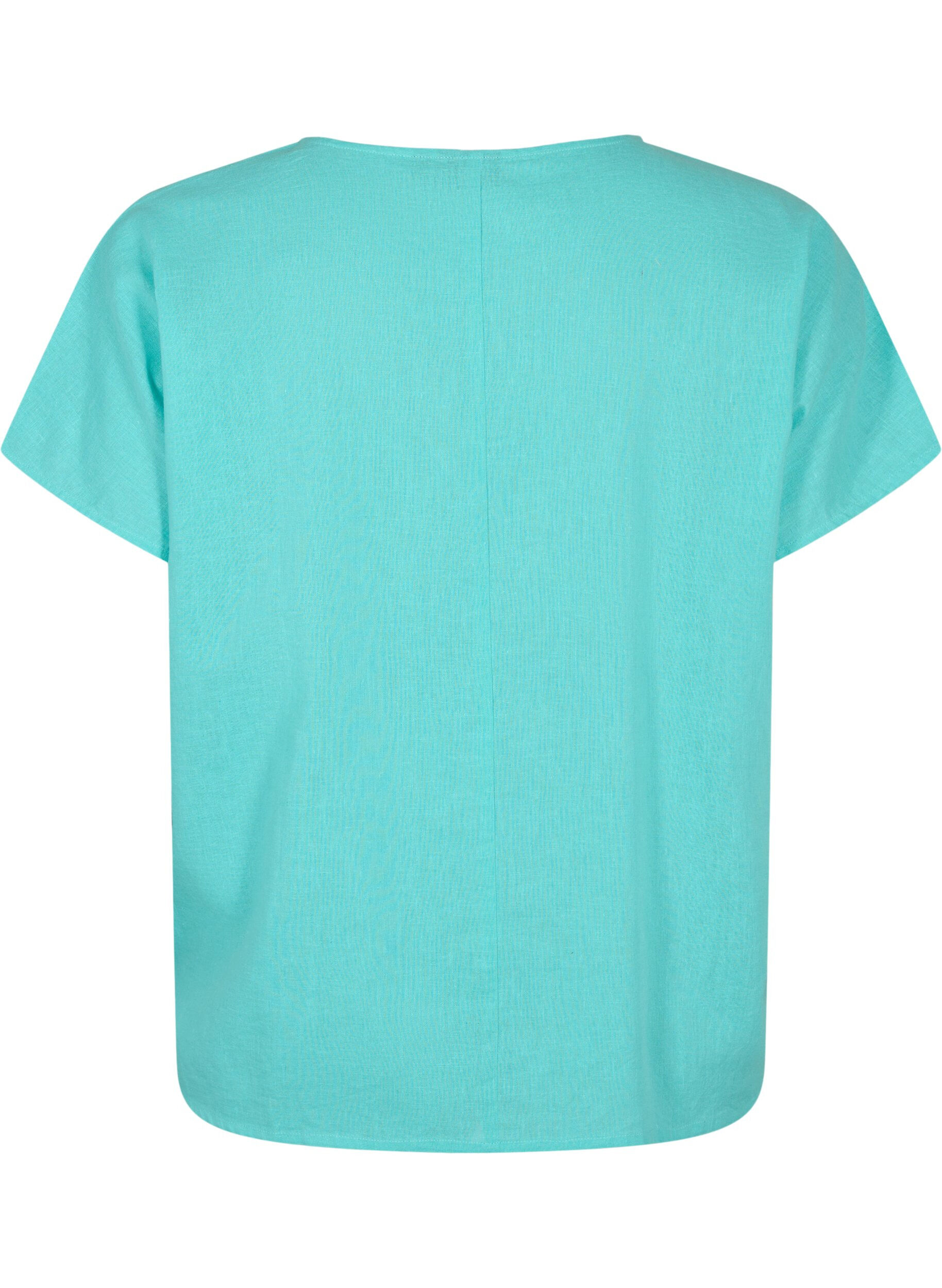Zizzi Kurz&auml;rmelige Bluse aus Baumwollmischung mit Leinen, Turquoise, Packshot image number 1