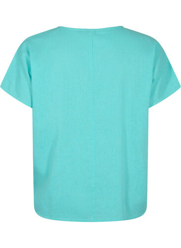 Kurzärmelige Bluse aus Baumwollmischung mit Leinen, Turquoise, Packshot image number 1